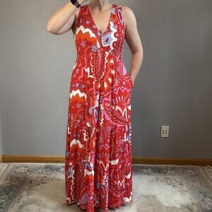 Boden Sylvia Jersey Tiered Maxi Dress Size 8 L Red Floral Sleeveless Pockets